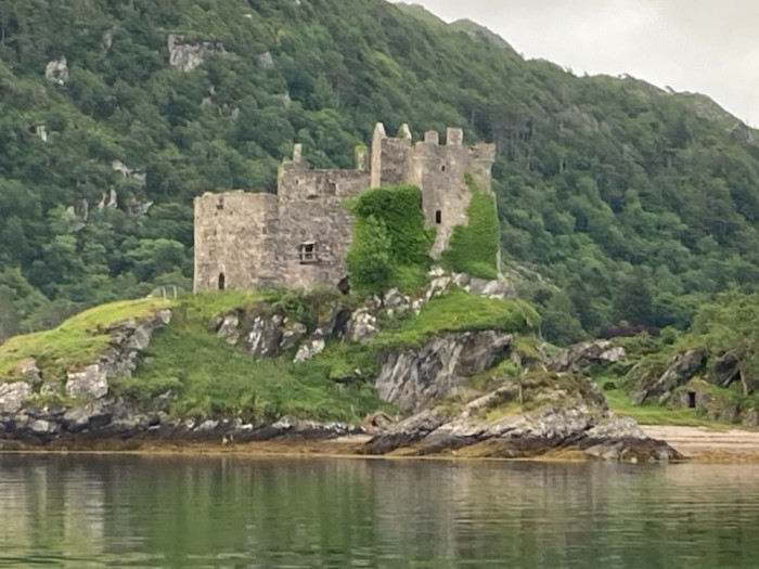Castle Tioran. At low water can walk across causeway to castle.